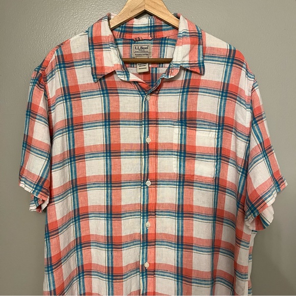 LL Bean Mens Colorful Plaid 100% Linen Short Sleeve Casual Button Front Shirt XL - Picture 2 of 12